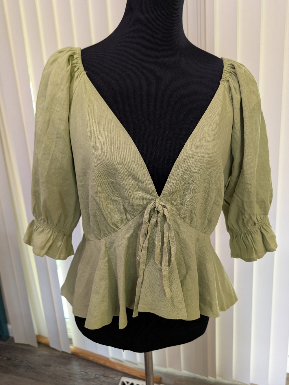 7 For All Mankind Tie-Front Peplum Blouse in Olive Green - Picture 3 of 8